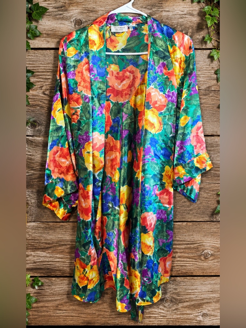 Vintage 80s 90s Victoria’s Secret Gold Label Floral Satin Robe Slip Set Size L